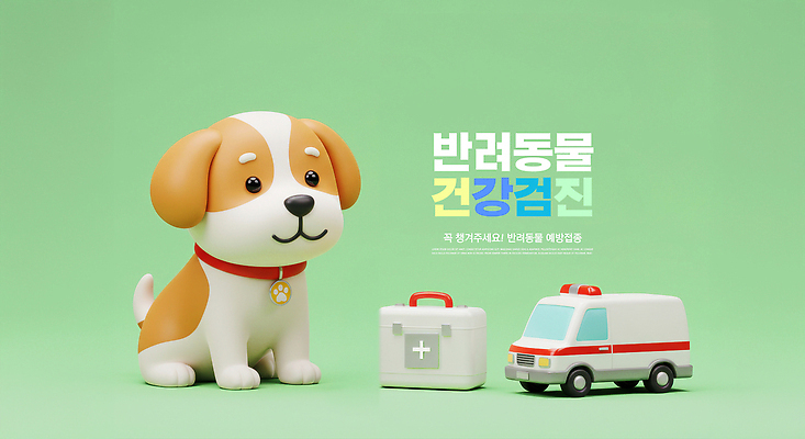 PSD 편집이미지 앉기 사람없음 연두색 3D 강아지 구급상자 구급차 개목걸이 동물병원 건강검진 십자마크 예방접종 심장사상충 이미지편집 편집3D 모션 자동차 병원 초록색 반려동물 의료용품 개 질병 디지털합성 검사_조사 애견용품 접종 파일형식
