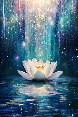 JPG 편집이미지 연꽃 사람없음 빛 반짝임 반사 수면 신비 남색 홀로그램 몽환 편집실사 AI컴퓨터그래픽 AI콘텐츠 꽃 컬러 컨셉 모션 물 CG 파일형식