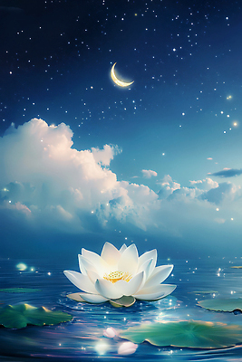 JPG 구름 편집이미지 밤하늘 연꽃 사람없음 파란색 빛 반짝임 달 수면 신비 연잎 몽환 편집실사 AI컴퓨터그래픽 AI콘텐츠 자연요소 꽃 컬러 컨셉 잎 모션 하늘 물 야간 CG 파일형식