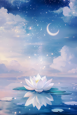 JPG 구름 편집이미지 밤하늘 연꽃 사람없음 빛 반짝임 반사 달 수면 신비 연잎 몽환 편집실사 AI컴퓨터그래픽 AI콘텐츠 자연요소 꽃 컨셉 잎 모션 하늘 물 야간 CG 파일형식
