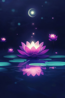 JPG 편집이미지 연꽃 사람없음 빛 반짝임 반사 보라색 수면 신비 연잎 보케 몽환 편집실사 AI컴퓨터그래픽 AI콘텐츠 꽃 컬러 컨셉 잎 모션 물 CG 파일형식