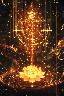 JPG 편집이미지 연꽃 사람없음 빛 반짝임 노란색 우주 신비 몽환 편집실사 AI컴퓨터그래픽 AI콘텐츠 꽃 컬러 컨셉 모션 CG 파일형식