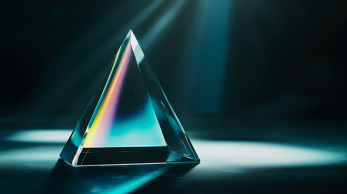 JPG 편집이미지 과학 사람없음 빛 반사 투명 청록색 삼각뿔 입체도형 프리즘 편집실사 AI포토 AI콘텐츠 도형 컬러 입체 CG 광학기기 파일형식