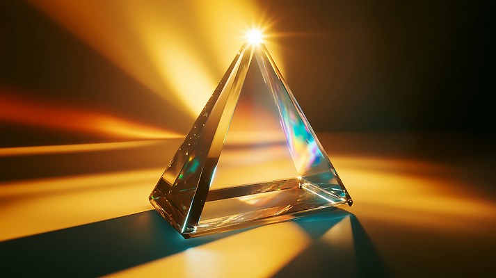 JPG 편집이미지 과학 사람없음 빛 반사 노란색 투명 삼각뿔 입체도형 프리즘 편집실사 AI포토 AI콘텐츠 도형 컬러 입체 CG 광학기기 파일형식