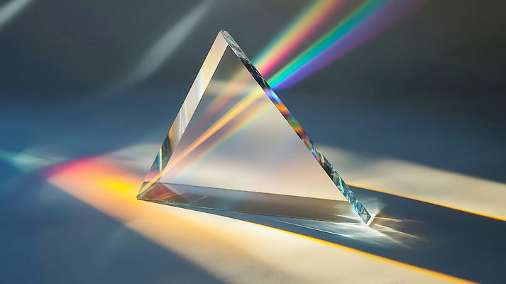 JPG 편집이미지 과학 사람없음 빛 반사 회색 투명 삼각뿔 입체도형 프리즘 편집실사 AI포토 AI콘텐츠 도형 컬러 입체 CG 광학기기 파일형식