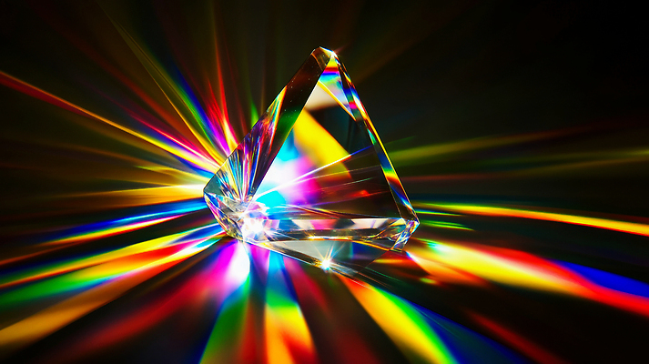 JPG 편집이미지 과학 사람없음 빛 컬러풀 반사 투명 삼각뿔 입체도형 프리즘 편집실사 AI포토 AI콘텐츠 도형 컬러 입체 CG 광학기기 파일형식