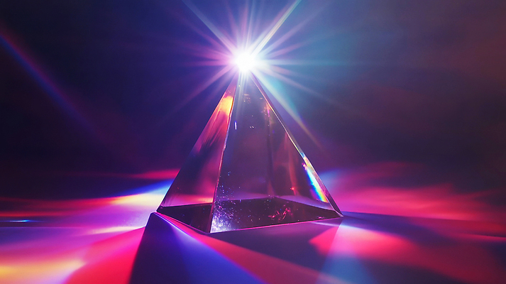 JPG 편집이미지 과학 사람없음 빛 반사 보라색 투명 삼각뿔 입체도형 프리즘 편집실사 AI포토 AI콘텐츠 도형 컬러 입체 CG 광학기기 파일형식