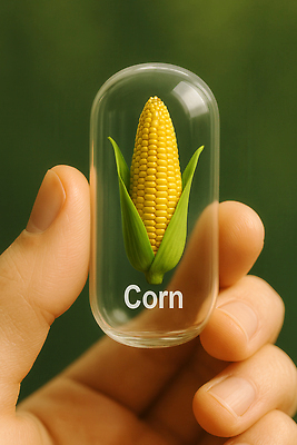 JPG 편집이미지 손 옥수수 들기 신체부위 알약 자연보호 그린캠페인 식량부족 표본 GMO 편집실사 AI컴퓨터그래픽 AI콘텐츠 캠페인 모션 자연 곡류 사람 약 보호 CG 유전자변형 파일형식