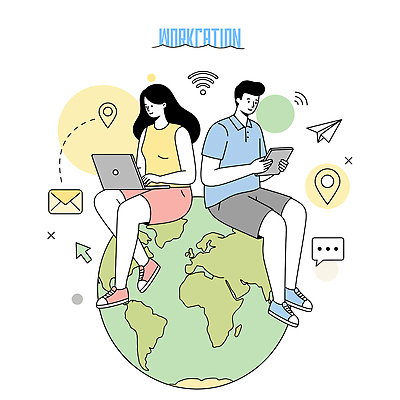 전신 여자 남자 화살표 지구 말풍선 일러스트 비즈니스 휴식 미소 들기 앉기 성인 두명 노트북 태블릿 이메일 종이비행기 와이파이 GPS 성인만 워케이션 국내일러스트 AI파일 컨셉 모션 표정 사람 전자제품 스마트기기 종이접기 무선인터넷 파일형식 벡터