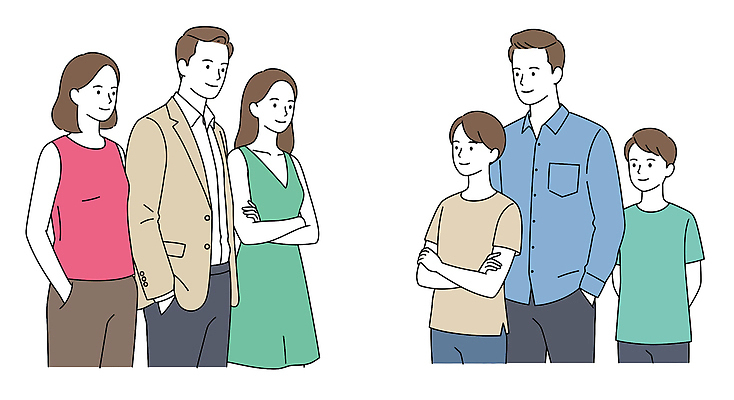 여자 남자 어린이 일러스트 가족 미소 소년 여러명 상반신 성인 마주보기 팔짱 주머니손 이웃 국내일러스트 AI파일 다수 관계 모션 표정 사람 파일형식 벡터