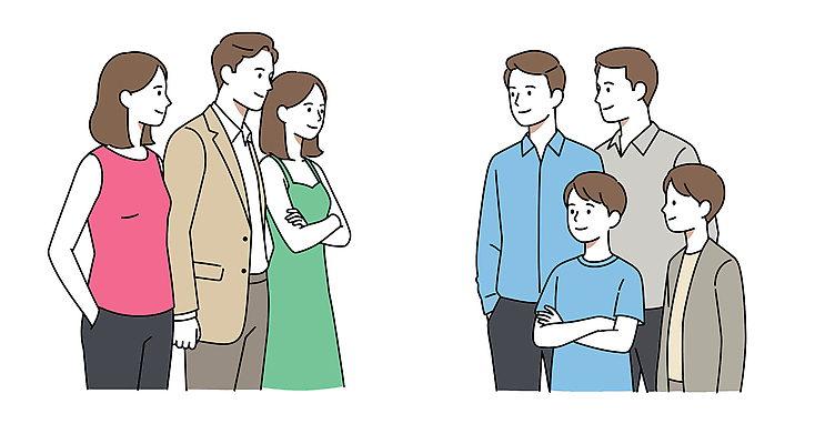 여자 남자 어린이 일러스트 가족 미소 소년 여러명 상반신 성인 마주보기 팔짱 주머니손 이웃 국내일러스트 AI파일 다수 관계 모션 표정 사람 파일형식 벡터