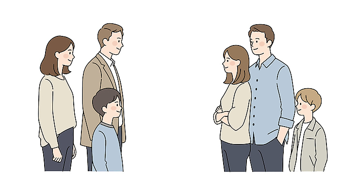 여자 남자 어린이 일러스트 가족 미소 소년 여러명 상반신 성인 마주보기 팔짱 주머니손 이웃 국내일러스트 AI파일 다수 관계 모션 표정 사람 파일형식 벡터