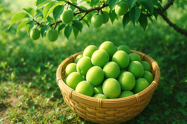 JPG 편집이미지 밭 사람없음 연두색 소쿠리 담기 매실 매실나무 편집실사 AI포토 AI콘텐츠 나무 농업 모션 초록색 바구니 CG 파일형식