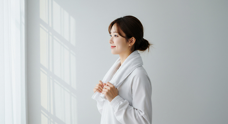 JPG 편집이미지 여자 한명 미소 상반신 성인 운동복 수건 운동 햇빛 건강관리 흰색 잡기 의료성형뷰티 성인여자한명만 편집실사 AI인물포토 AI콘텐츠 1 옷 컬러 모션 표정 건강 관리 사람 위생용품 태양 CG 여자한명만 성인여자만 파일형식 AI포토