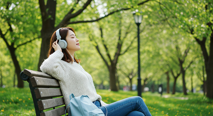 JPG 나무 편집이미지 공원 여자 벤치 한명 미소 앉기 성인 손들기 눈감음 헤드폰 다리꼬기 백팩 의료성형뷰티 성인여자한명만 편집실사 AI인물포토 AI콘텐츠 식물 1 공공시설 음향기기 의자 가방 모션 표정 사람 CG 여자한명만 성인여자만 파일형식 AI포토