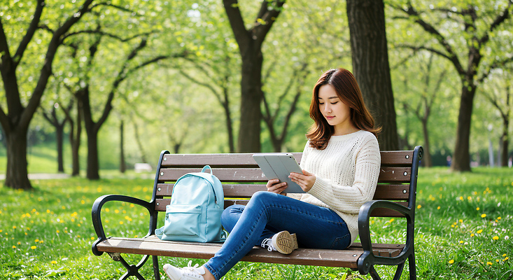 JPG 전신 나무 편집이미지 공원 여자 꽃밭 벤치 한명 미소 들기 앉기 성인 태블릿 백팩 의료성형뷰티 성인여자한명만 편집실사 AI인물포토 AI콘텐츠 식물 1 공공시설 꽃 의자 가방 모션 표정 사람 전자제품 스마트기기 CG 여자한명만 성인여자만 파일형식 AI포토