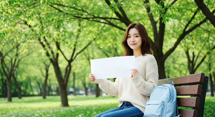 JPG 나무 편집이미지 공원 여자 종이 벤치 한명 미소 들기 앉기 성인 팻말 백팩 의료성형뷰티 성인여자한명만 카피스페이스 편집실사 AI인물포토 AI콘텐츠 식물 1 공공시설 의자 가방 모션 프레임 표정 사람 공백 CG 여자한명만 성인여자만 파일형식 AI포토