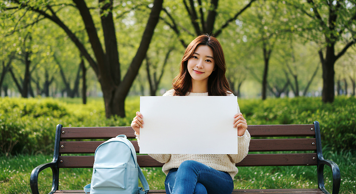 JPG 나무 편집이미지 공원 여자 종이 벤치 한명 미소 들기 앉기 성인 팻말 다리꼬기 백팩 의료성형뷰티 성인여자한명만 카피스페이스 편집실사 AI인물포토 AI콘텐츠 식물 1 공공시설 의자 가방 모션 프레임 표정 사람 공백 CG 여자한명만 성인여자만 파일형식 AI포토