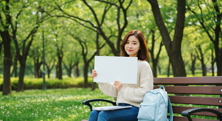 JPG 나무 편집이미지 공원 여자 종이 벤치 한명 미소 들기 앉기 성인 팻말 백팩 의료성형뷰티 성인여자한명만 카피스페이스 편집실사 AI인물포토 AI콘텐츠 식물 1 공공시설 의자 가방 모션 프레임 표정 사람 공백 CG 여자한명만 성인여자만 파일형식 AI포토