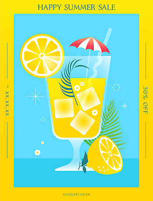 포스터 하늘색 일러스트 단면 이벤트 사람없음 그래픽 여름 반짝임 노란색 세일 얼음 파라솔 칵테일 시원함 레몬 레모네이드 칵테일잔 슬라이스 냉음료 레몬장식 국내일러스트 AI파일 자연요소 계절 음료 컬러 술잔 과일 모션 주류 장식 파란색 에이드 파일형식 벡터