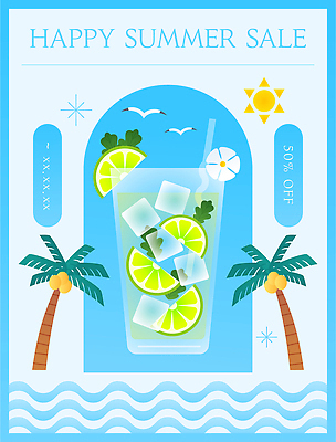 포스터 하늘색 일러스트 갈매기 잔 이벤트 사람없음 그래픽 여름 야자수 태양 세일 얼음 시원함 허브 아치 라임 물결무늬 냉음료 모히토 국내일러스트 AI파일 자연요소 나무 식물 식기 계절 물결 음료 무늬 과일 조류 파란색 칵테일 파일형식 벡터