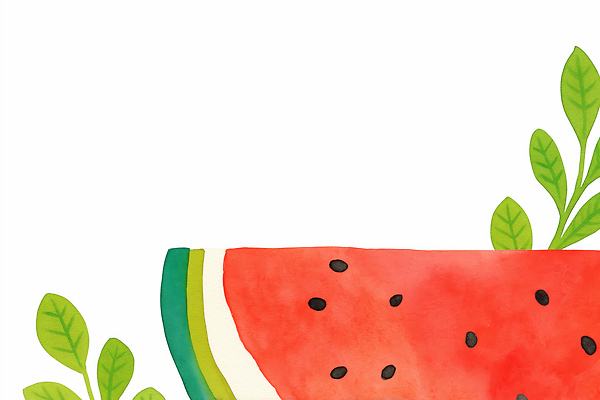 JPG 백그라운드 잎 일러스트 단면 여름음식 사람없음 빨간색 수박조각 제철과일 국내일러스트 AI일러스트 AI콘텐츠 식물 음식 컬러 조각 과일 수박 제철 파일형식 여름_계절