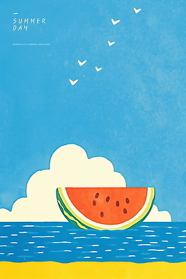 PSD 구름 물결 바다 일러스트 하늘 초원 사람없음 파란색 여름풍경 떠있는 큼 감성 새떼 수박조각 청량 국내일러스트 자연요소 컬러 조각 컨셉 모션 조류 수박 풍경 크기 파일형식 여름_계절