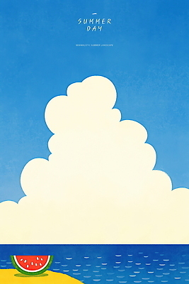 PSD 구름 바다 일러스트 하늘 사람없음 파란색 여름풍경 언덕 감성 수박조각 청량 국내일러스트 자연요소 컬러 조각 컨셉 수박 풍경 파일형식 여름_계절