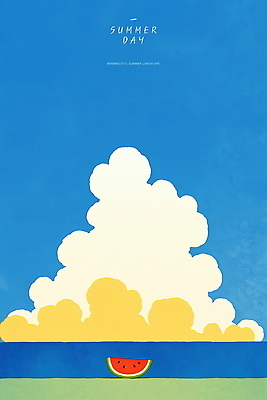 PSD 구름 바다 일러스트 하늘 초원 사람없음 파란색 여름풍경 감성 수박조각 청량 국내일러스트 자연요소 컬러 조각 컨셉 수박 풍경 파일형식 여름_계절