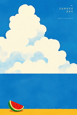 PSD 구름 바다 일러스트 하늘 초원 사람없음 파란색 여름풍경 감성 수박조각 청량 국내일러스트 자연요소 컬러 조각 컨셉 수박 풍경 파일형식 여름_계절