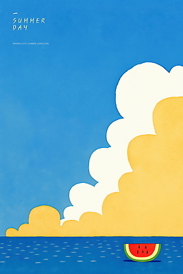 PSD 구름 바다 일러스트 하늘 사람없음 파란색 여름풍경 떠있는 감성 수박조각 청량 국내일러스트 자연요소 컬러 조각 컨셉 모션 수박 풍경 파일형식 여름_계절