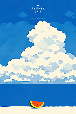 PSD 구름 바다 일러스트 하늘 사람없음 파란색 여름풍경 감성 수박조각 청량 국내일러스트 자연요소 컬러 조각 컨셉 수박 풍경 파일형식 여름_계절