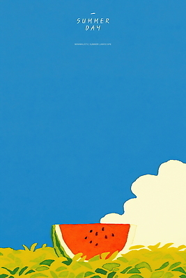PSD 구름 일러스트 하늘 초원 사람없음 파란색 여름풍경 감성 수박조각 청량 국내일러스트 자연요소 컬러 조각 컨셉 수박 풍경 파일형식 여름_계절