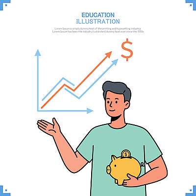 남자 화살표 일러스트 그래프 한명 들기 상반신 성인 달러 동전 돼지저금통 가리킴 상승 에듀케이션 성인남자한명만 국내일러스트 AI파일 1 교육 컨셉 돈 모션 사람 손짓 저금통 남자한명만 성인남자만 파일형식 벡터