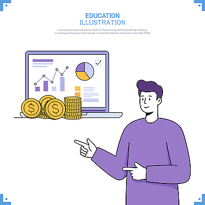 남자 일러스트 한명 미소 상반신 성인 노트북 보라색 가리킴 원그래프 동전탑 에듀케이션 성인남자한명만 국내일러스트 AI파일 1 교육 컬러 그래프 표정 사람 손짓 전자제품 쌓기 동전 남자한명만 성인남자만 파일형식 벡터