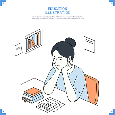 여자 종이 생각 의자 일러스트 한명 앉기 상반신 성인 턱괴기 책상 포스트잇 문서 에듀케이션 책더미 성인여자한명만 국내일러스트 AI파일 1 교육 가구 모션 사람 책 메모지 무더기 여자한명만 성인여자만 파일형식 벡터