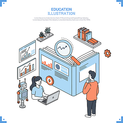 전신 여자 남자 화분 일러스트 돋보기 그래프 선반 앉기 상반신 성인 두명 뒷모습 책 노트북 펼침 로봇 톱니바퀴 인터넷창 에듀케이션 성인만 AI_인공지능 국내일러스트 AI파일 교육 뷰포인트 가구 인터넷 모션 사람 전자제품 파일형식 벡터