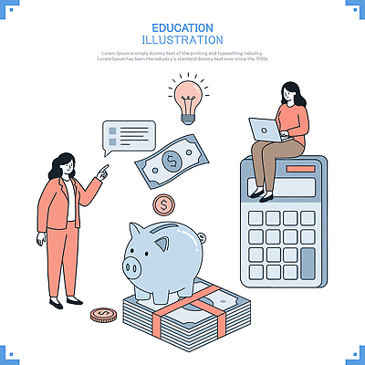 전신 여자 지폐 일러스트 전구 아이디어 앉기 성인 두명 노트북 동전 돼지저금통 계산기 가리킴 돈자루 에듀케이션 성인여자만 국내일러스트 AI파일 교육 컨셉 돈 모션 문구용품 사람 손짓 전자제품 장비 저금통 여자만 성인만 파일형식 벡터