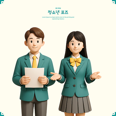 PSD 편집이미지 학생 여자 남자 교복 리본 종이 청소년 3D캐릭터 미소 들기 두명 3D 십대만 편집3D 캐릭터 옷 모션 표정 사람 디지털합성 파일형식