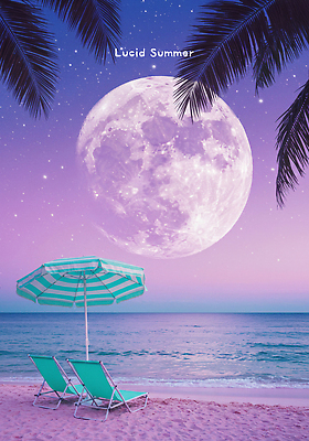 PSD 편집이미지 밤하늘 해변 사람없음 모래사장 야자수 보라색 보름달 파라솔 선베드 감성 그라데이션 야자수잎 여름밤 몽환 수평선 이미지편집 나무 바다 컬러 컨셉 잎 의자 하늘 여름 달 야간 파일형식