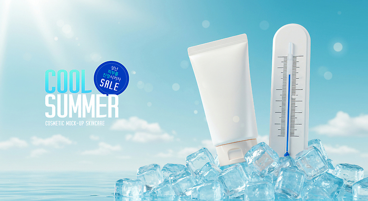 PSD 구름 편집이미지 바다 하늘색 하늘 사람없음 여름 햇빛 세일 얼음 화장품 물방울 온도계 시원함 피부관리 스킨케어 튜브용기 이미지편집 자연요소 계절 파란색 태양 뷰티 용기_그릇 파일형식