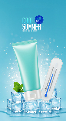 PSD 편집이미지 하늘색 사람없음 여름 세일 얼음 화장품 물방울 온도계 시원함 피부관리 스킨케어 튜브용기 페퍼민트 이미지편집 녹이기 자연요소 계절 모션 파란색 뷰티 용기_그릇 민트 파일형식