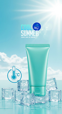PSD 구름 편집이미지 하늘색 하늘 사람없음 여름 햇빛 세일 얼음 화장품 물방울 온도계 시원함 피부관리 스킨케어 튜브용기 이미지편집 자연요소 계절 파란색 태양 뷰티 용기_그릇 파일형식