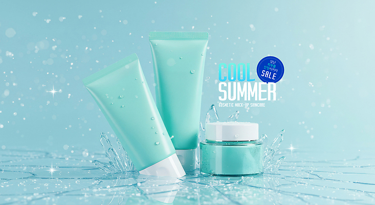 PSD 편집이미지 하늘색 사람없음 여름 반짝임 세일 얼음 화장품 물방울 시원함 피부관리 결정체 스킨케어 깨짐 수분크림 튜브용기 이미지편집 자연요소 계절 컨셉 모션 파란색 뷰티 용기_그릇 파일형식