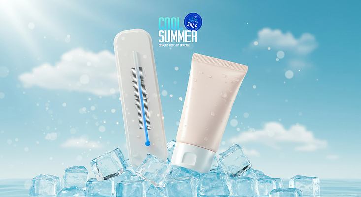 PSD 구름 편집이미지 하늘색 하늘 사람없음 여름 햇빛 세일 얼음 화장품 물방울 온도계 시원함 피부관리 스킨케어 튜브용기 이미지편집 자연요소 계절 파란색 태양 뷰티 용기_그릇 파일형식