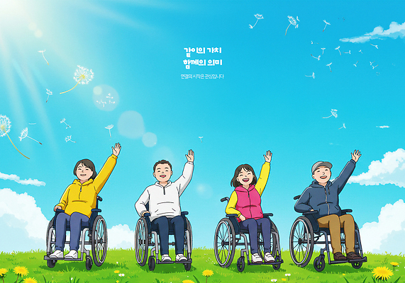 전신 PSD 구름 여자 남자 일러스트 하늘 함께함 미소 초원 여러명 성인 햇빛 손들기 봉사 공익캠페인 자원봉사자 장애인 휠체어 손인사 민들레홀씨 가치 동행 장애인의날 캡모자 성인만 국내일러스트 자연요소 모자_잡화 캠페인 다수 컨셉 모션 표정 사람 태양 인사 도움 민들레 장애 파일형식 법정기념일