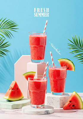 PSD 편집이미지 하늘색 디저트 여름음식 잔 빨대 사람없음 장식 카페 시원함 대리석 수박조각 수박주스 열대잎 포디움 코스터 제철과일 이미지편집 식기 음식 조각 잎 과일 재료 수박 파란색 상점 무대 과일주스 컵받침 제철 파일형식 여름_계절