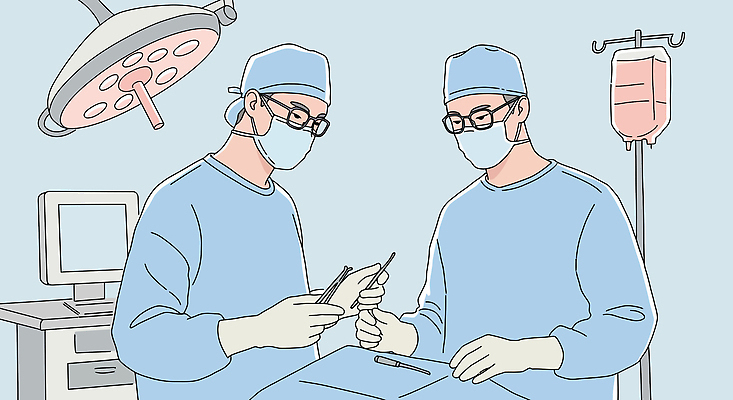 남자 안경 하늘색 일러스트 전등 들기 상반신 성인 두명 의사 수술복 수술장갑 링거걸이 메스 수술모 수술용마스크 심전도모니터 의료용집게 혈액주머니 성인남자만 국내일러스트 AI파일 잡화 장갑 모션 조명 집게 마스크 사람 파란색 의료진 가운 혈액 수술도구 남자만 성인만 파일형식 벡터