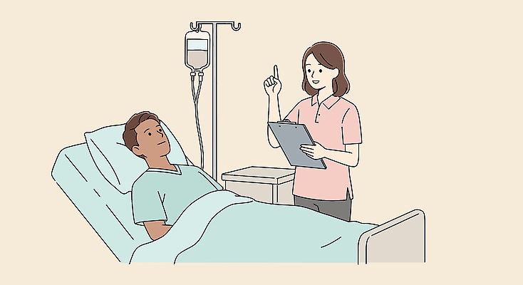 여자 남자 일러스트 베개 미소 들기 상반신 성인 두명 눕기 이불 환자 간호사 가리킴 병실 링거걸이 베이지색 병원침대 서류판 수액 입원 성인만 국내일러스트 AI파일 컬러 의학 침구 모션 표정 병원 사람 손짓 사무용품 의료진 침대 파일형식 벡터