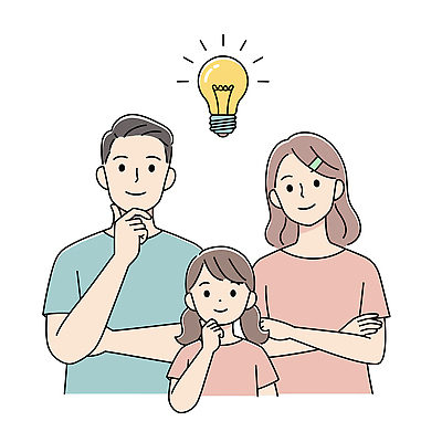 여자 남자 어린이 생각 일러스트 전구 가족 아이디어 미소 소녀 상반신 성인 세명 팔짱 내집마련 일러캐릭터 AI파일 캐릭터 컨셉 관계 모션 부동산 표정 사람 파일형식 벡터